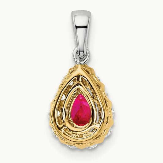 Pear Ruby and Diamond Halo Pendant, 14K Two-tone