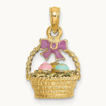 3-D Enameled Easter Basket w/Bow and Eggs Charm, 14K