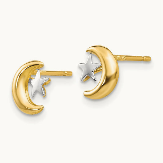 Polished & Rhodium Moon & Star Post Earrings, 14K