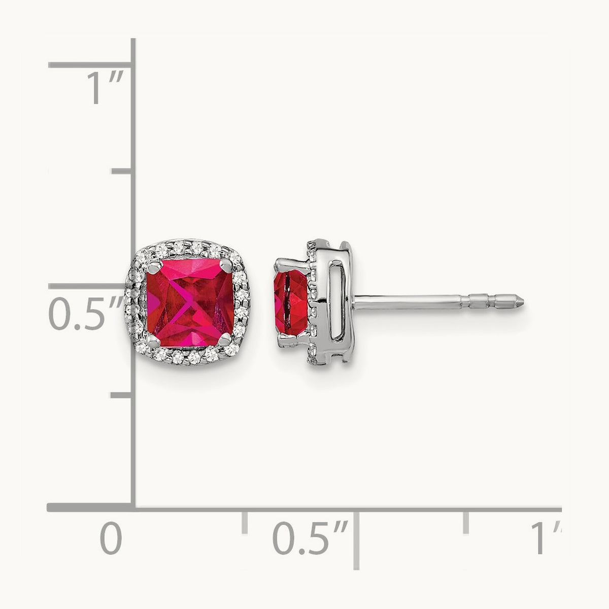 Cushion Ruby and Diamond Halo Earrings, 14K White Gold