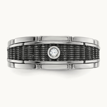 w/ Blk RH IBGoodman Men's Polished & Textured Diamond Ring, 14K White Gold