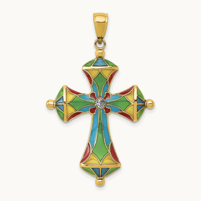 Multi Color Enamel Cross Pendant, 14K