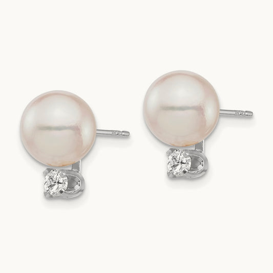 8- Round White Saltwater Akoya .20ct. Diamond Earrings, 9mm, 14K White Gold