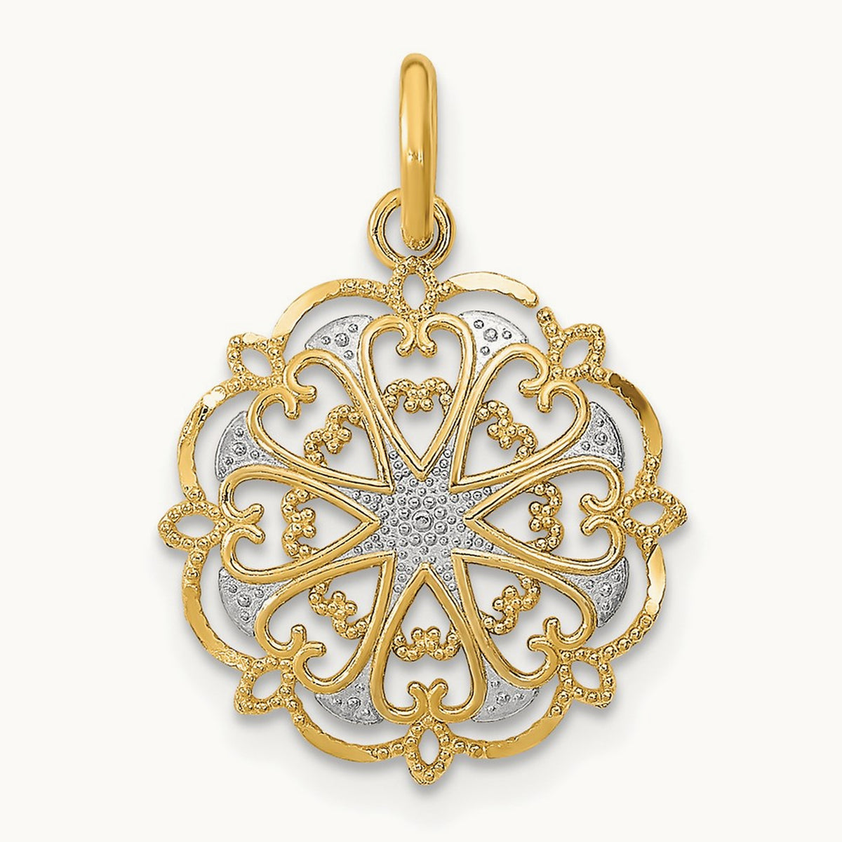 w/Rhodium and D/C Filigree Heart Round Charm, 14K