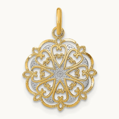 w/Rhodium and D/C Filigree Heart Round Charm, 14K