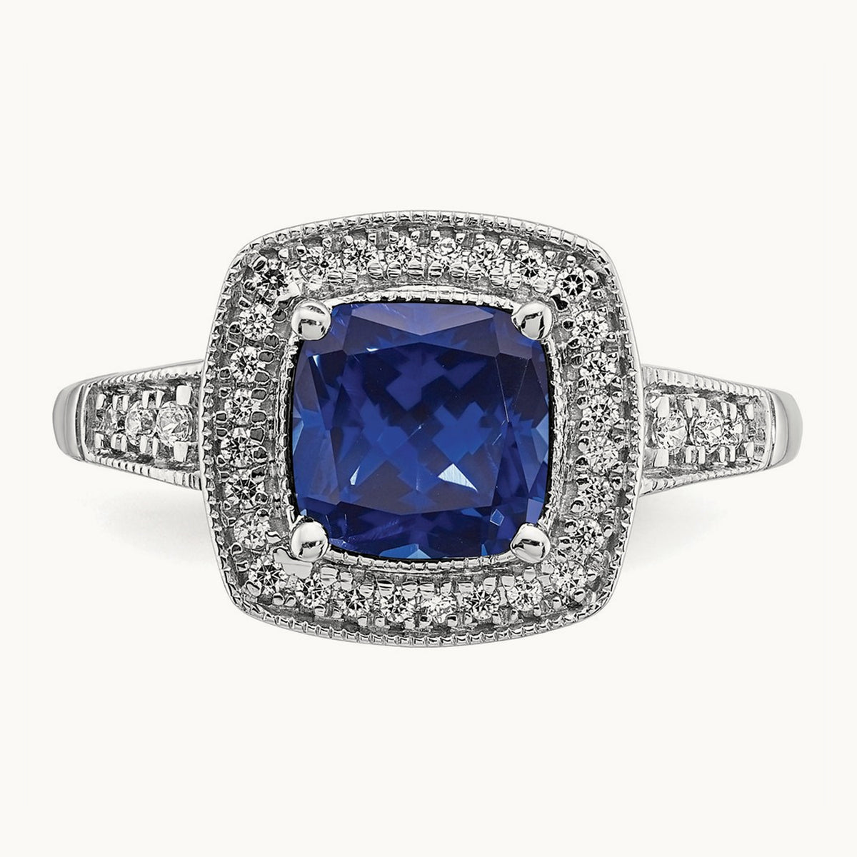 Cushion Created Sapphire and Diamond Halo Ring, 14K White Gold