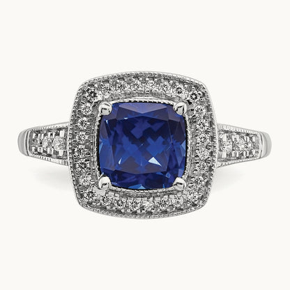 Cushion Created Sapphire and Diamond Halo Ring, 14K White Gold