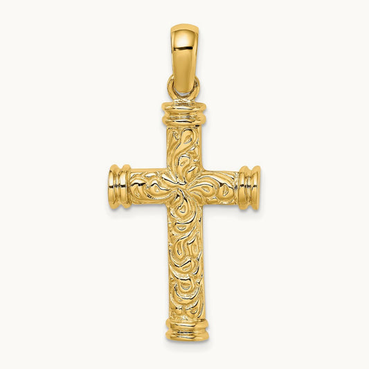 Scroll w/Double Endcaps Cross Charm, 14K