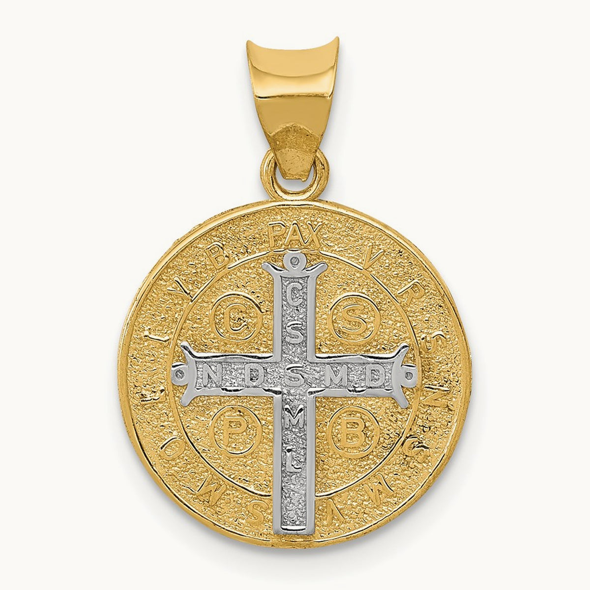 Circle St. Benedict Medal Pendant, 14K with Rhodium
