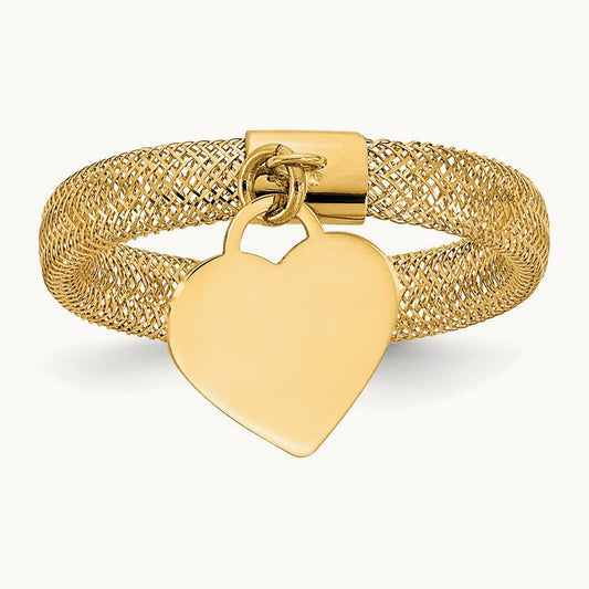 Woven Mesh Stretch Polished Heart Charm Ring, 14K Gold