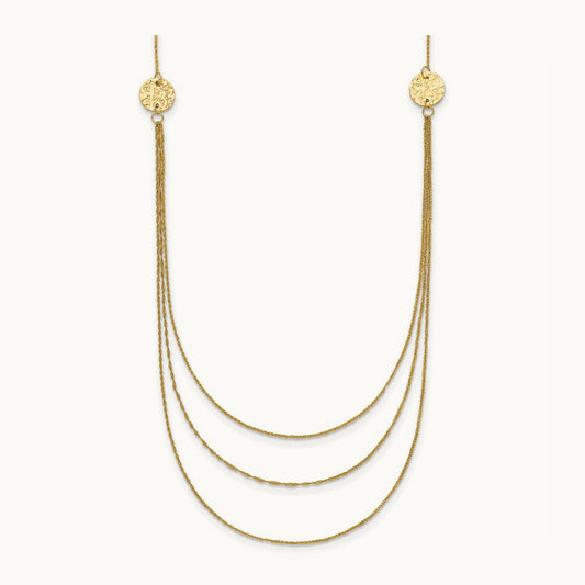 3 Layer Ropa Chain Texture Side Circles W/ 2in Ext Necklace, 14K