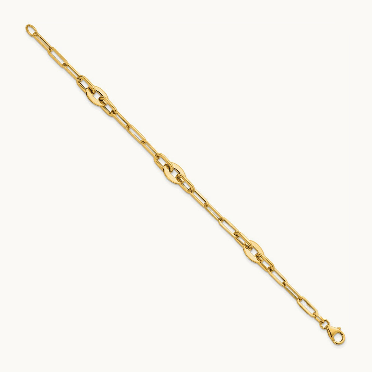 Polished Flat Oval and Paperclip Link 7.25 Inch Bracelet, 14K