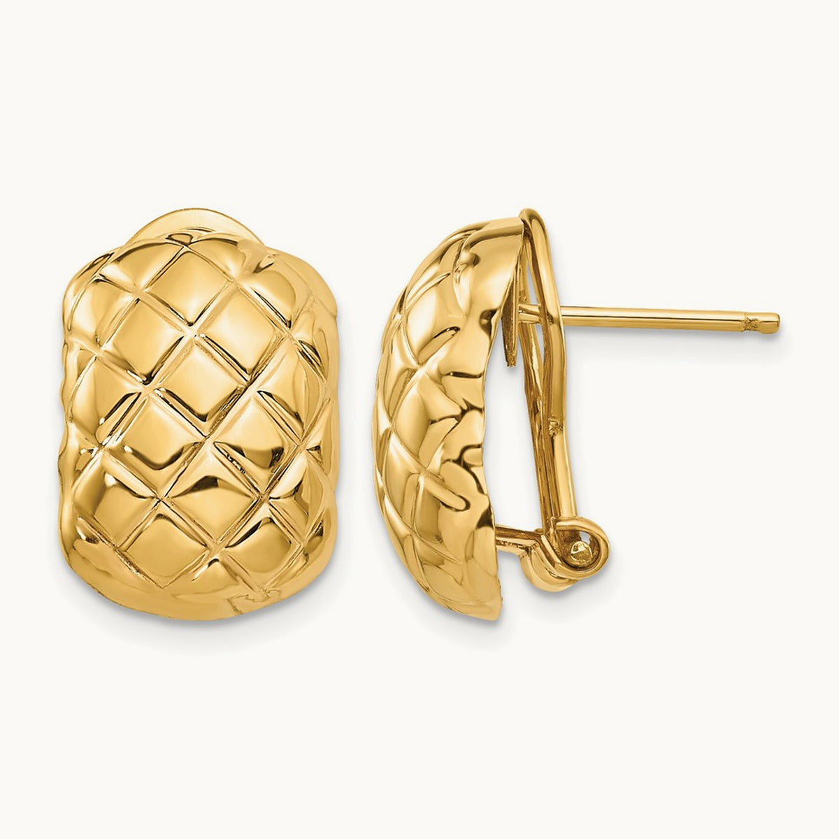 Polished Quilted Omega Back Post Earrings — 14K Yellow Gold