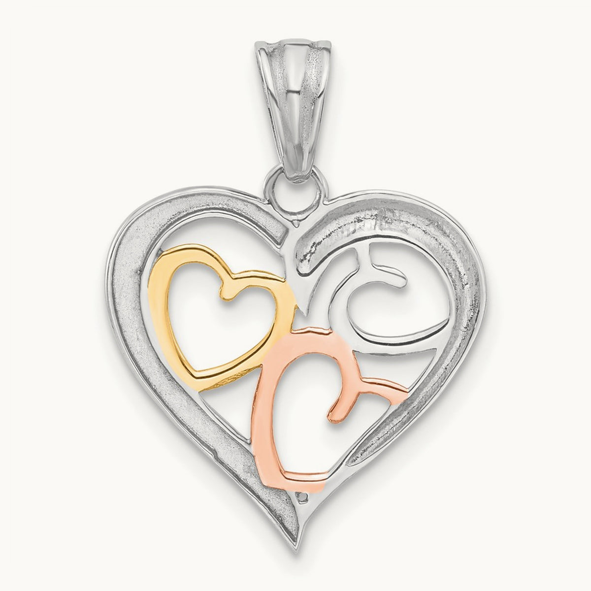 Tri-color Diamond-cut Hearts Pendant, 14K