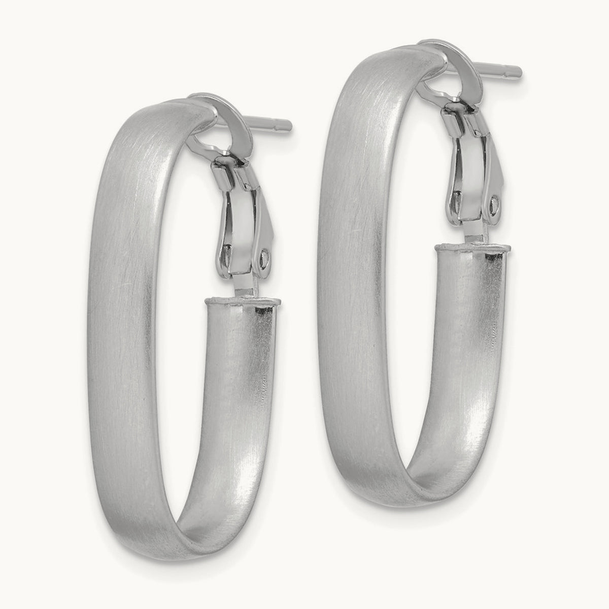 Satin Oval Omega Back Hoop Earrings — 14K White Gold