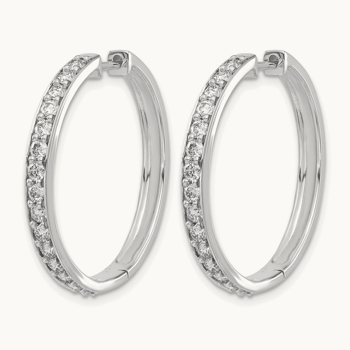 Diamond Hinged Hoop Earrings — 14K White Gold, 29mm, 1.5 ct