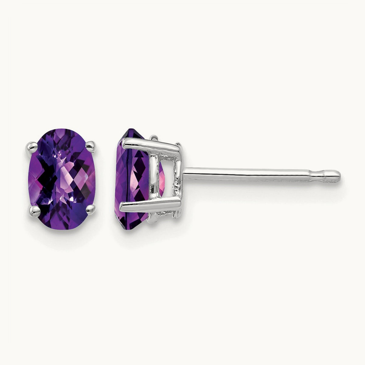 6x4mm Oval Amethyst Checker Earrings, 14K White Gold