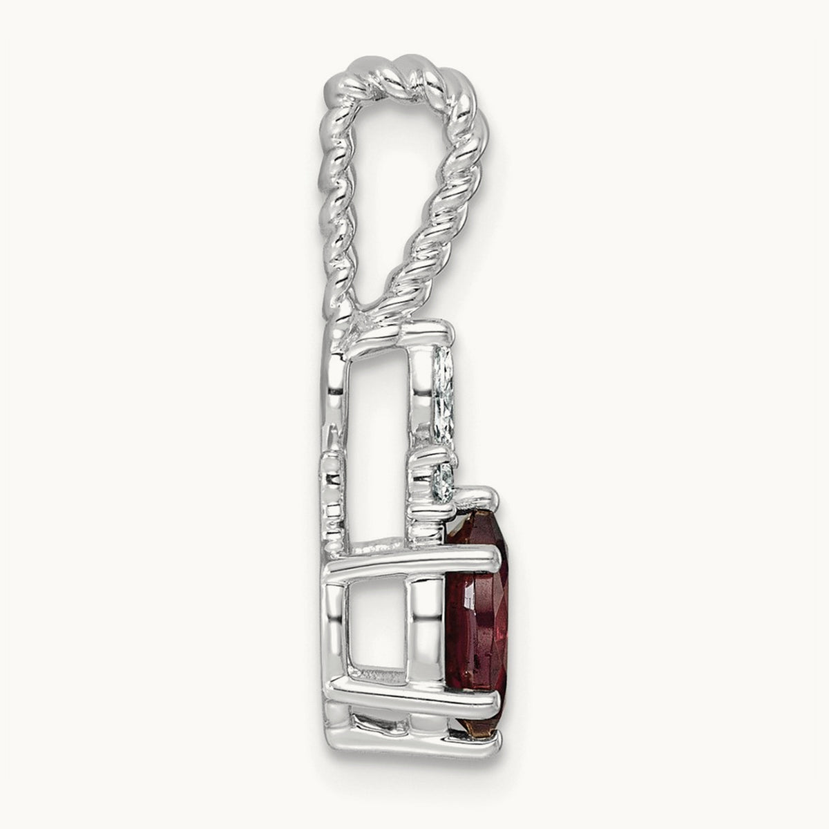 Polished Diamond and Rhodolite Garnet Twisted Chain Slide — 14K White Gold