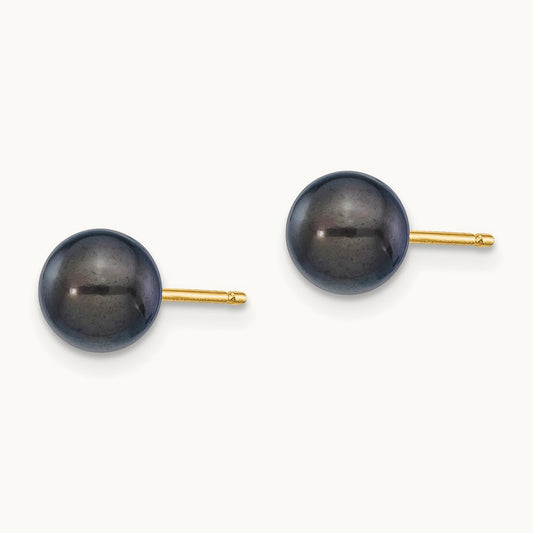 6- Round Black Saltwater Akoya Cultured Pearl Stud Post Earrings, 7mm, 14K