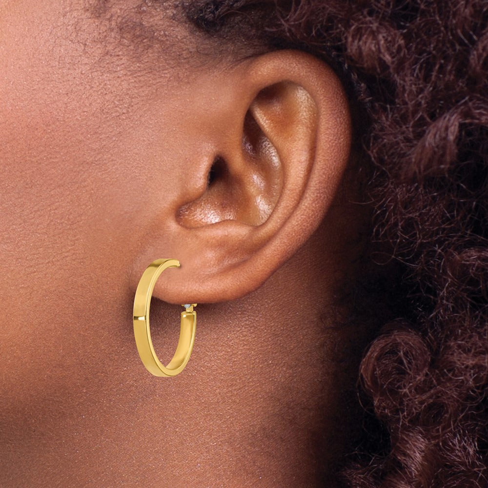 Polished Square Tube Round Hoop Earrings — 14K Yellow Gold, 3x25mm