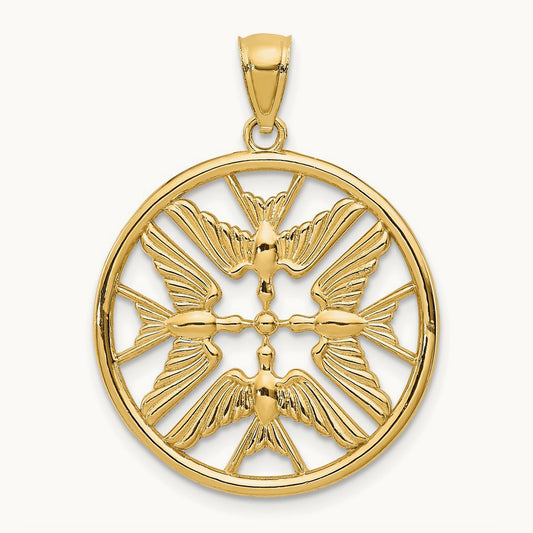 Polished Doves in Circle Pendant, 14K Yellow Gold