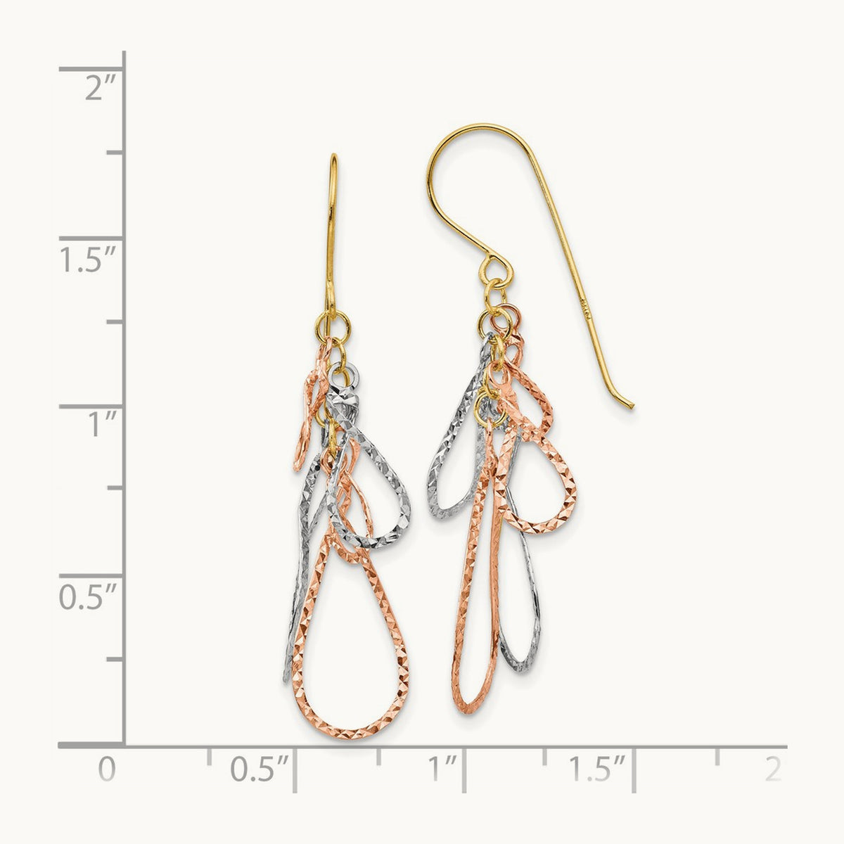 Tri-color Diamond Cut Tear Drop Dangle Earrings, 14K