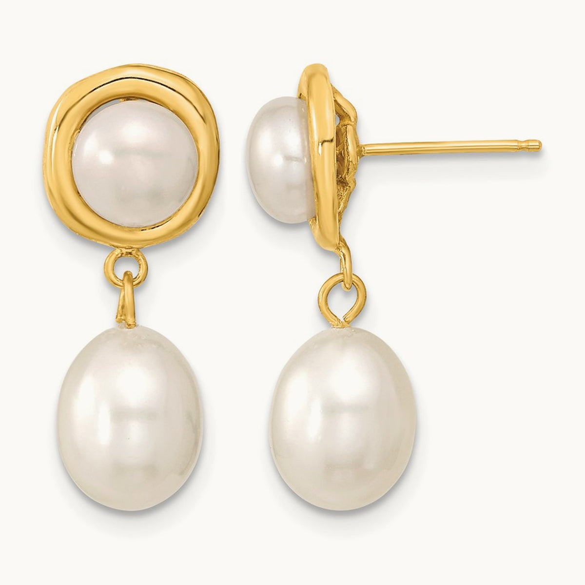 5- White Button/Rice Freshwater Cultured Pearl Dangle Post Earrings, 7mm, 14K