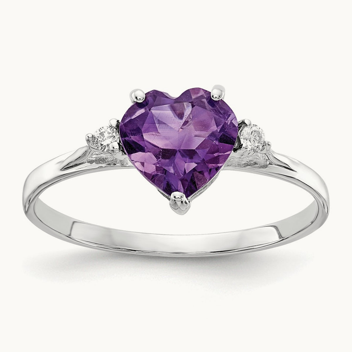 Heart Amethyst AA Diamond ring, 7mm, 14K White Gold