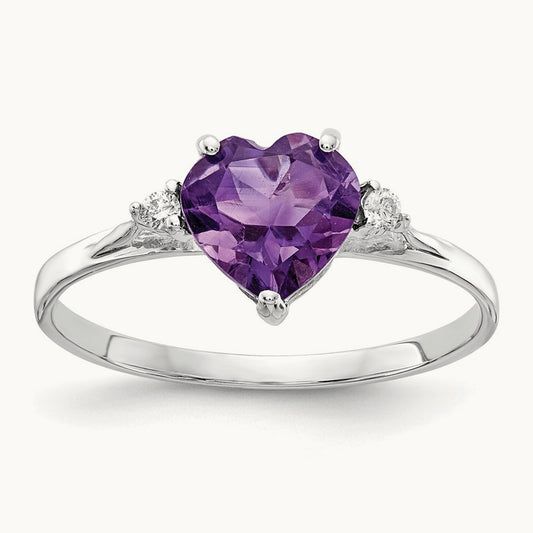 Heart Amethyst AA Diamond ring, 7mm, 14K White Gold