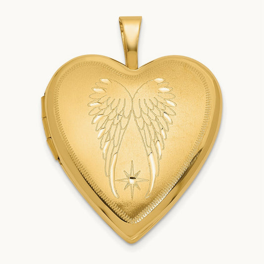 Satin and Polished Angel Wings Heart Locket, 20mm, 14K