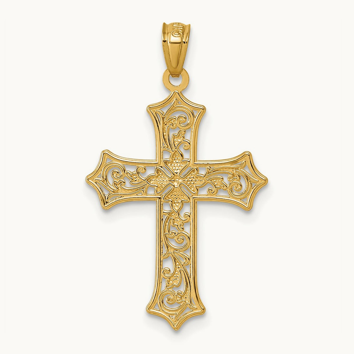 Polished Floral Cross Pendant, 14K with Rhodium