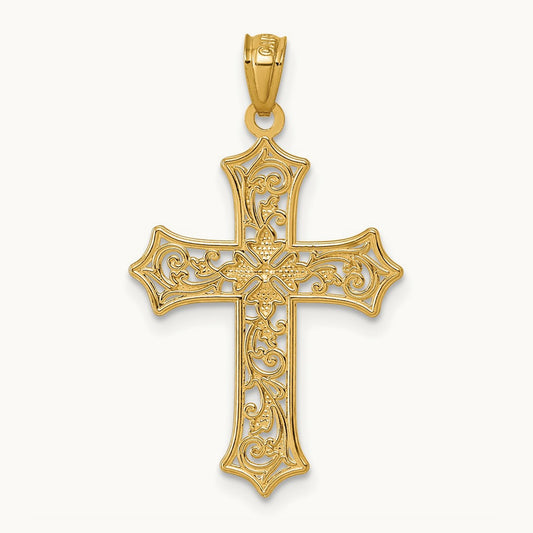 Polished Floral Cross Pendant, 14K with Rhodium