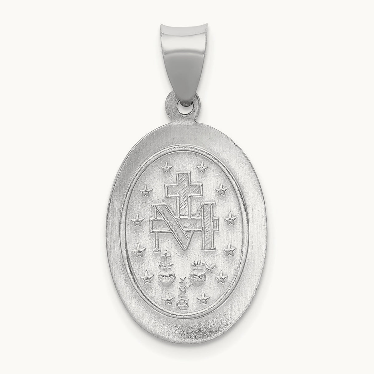 Polished / Satin Miraculous Medal Hollow Pendant, 14K White Gold
