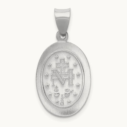 Polished / Satin Miraculous Medal Hollow Pendant, 14K White Gold