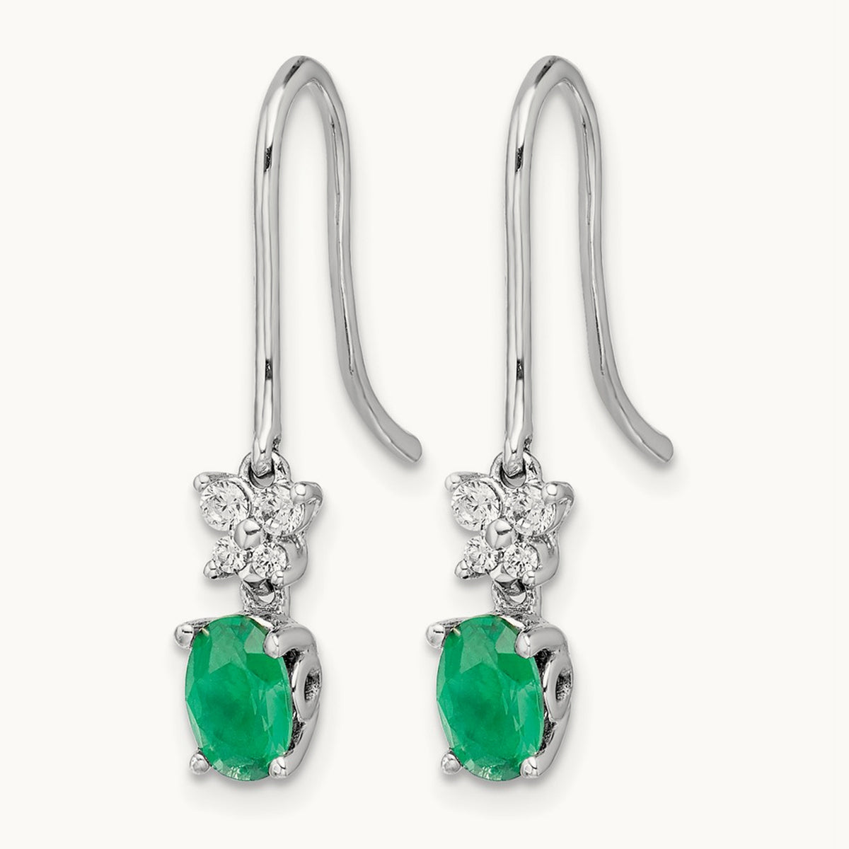1/8ct Diamond and Oval Emerald Dangle Earrings, 14K White Gold