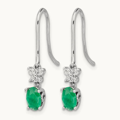 1/8ct Diamond and Oval Emerald Dangle Earrings, 14K White Gold