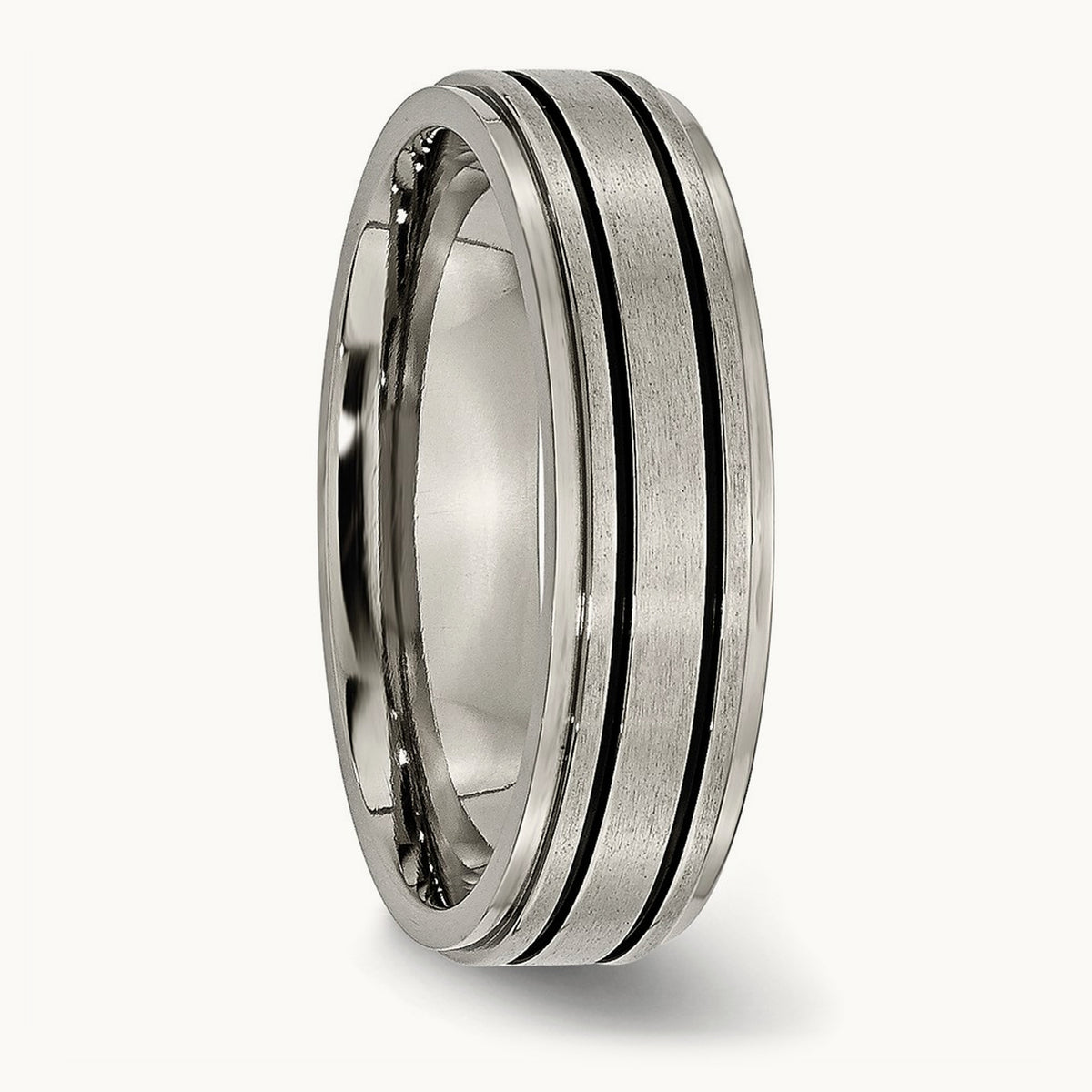 Brushed Center Black Enamel Ridged Edge Band, 6mm, Titanium