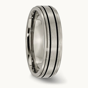 Brushed Center Black Enamel Ridged Edge Band, 6mm, Titanium