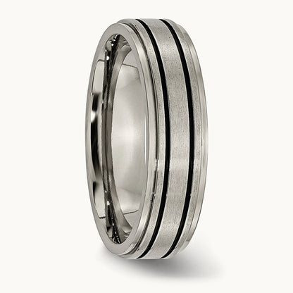 Brushed Center Black Enamel Ridged Edge Band, 6mm, Titanium