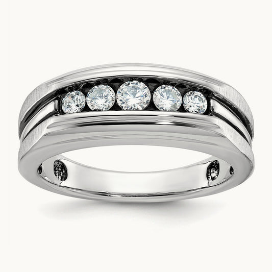w/ Blk RH IBGoodman Men's Polish/Satin/Grooved 5-Stone Dia Ring, 14K White Gold