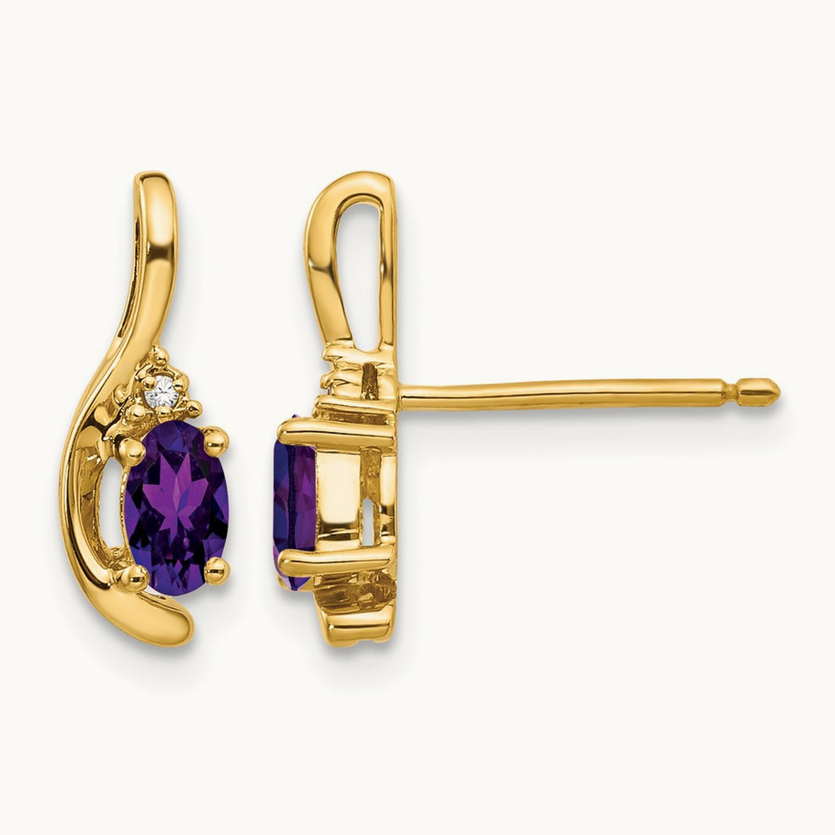 Amethyst and Diamond Post Earrings — 14K Yellow Gold