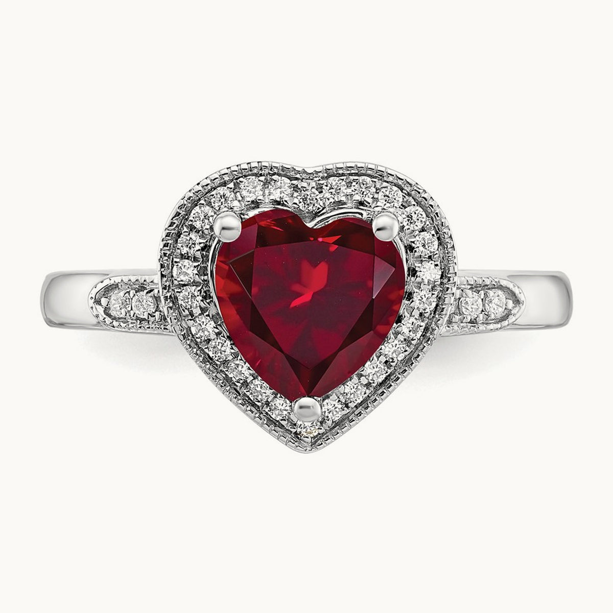 Heart Created Ruby and Diamond Halo Ring, 14K White Gold