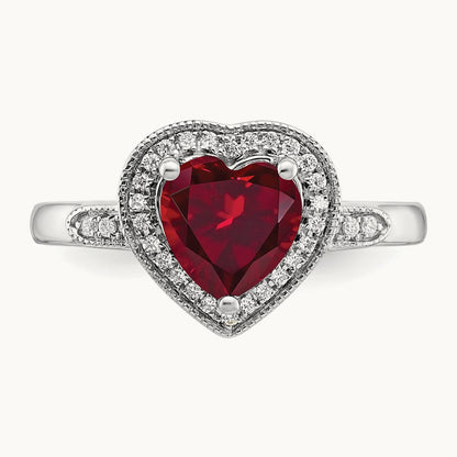 Heart Created Ruby and Diamond Halo Ring, 14K White Gold
