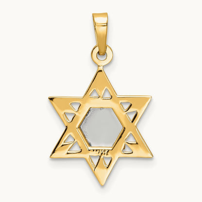 Polished Solid Star and Torah Pendant, 14K Two-tone