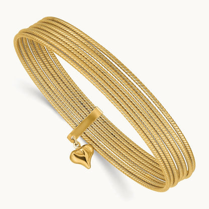 w/ Dangle Heart Slip-on Set of 7 Textured Bangles, 14K