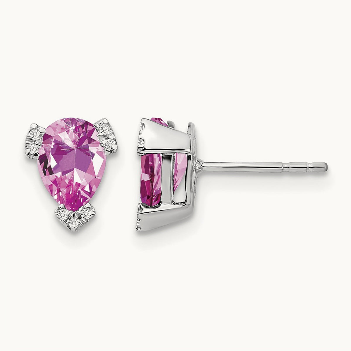 Pear Created Pink Sapphire and Diamond Earrings, 14K White Gold