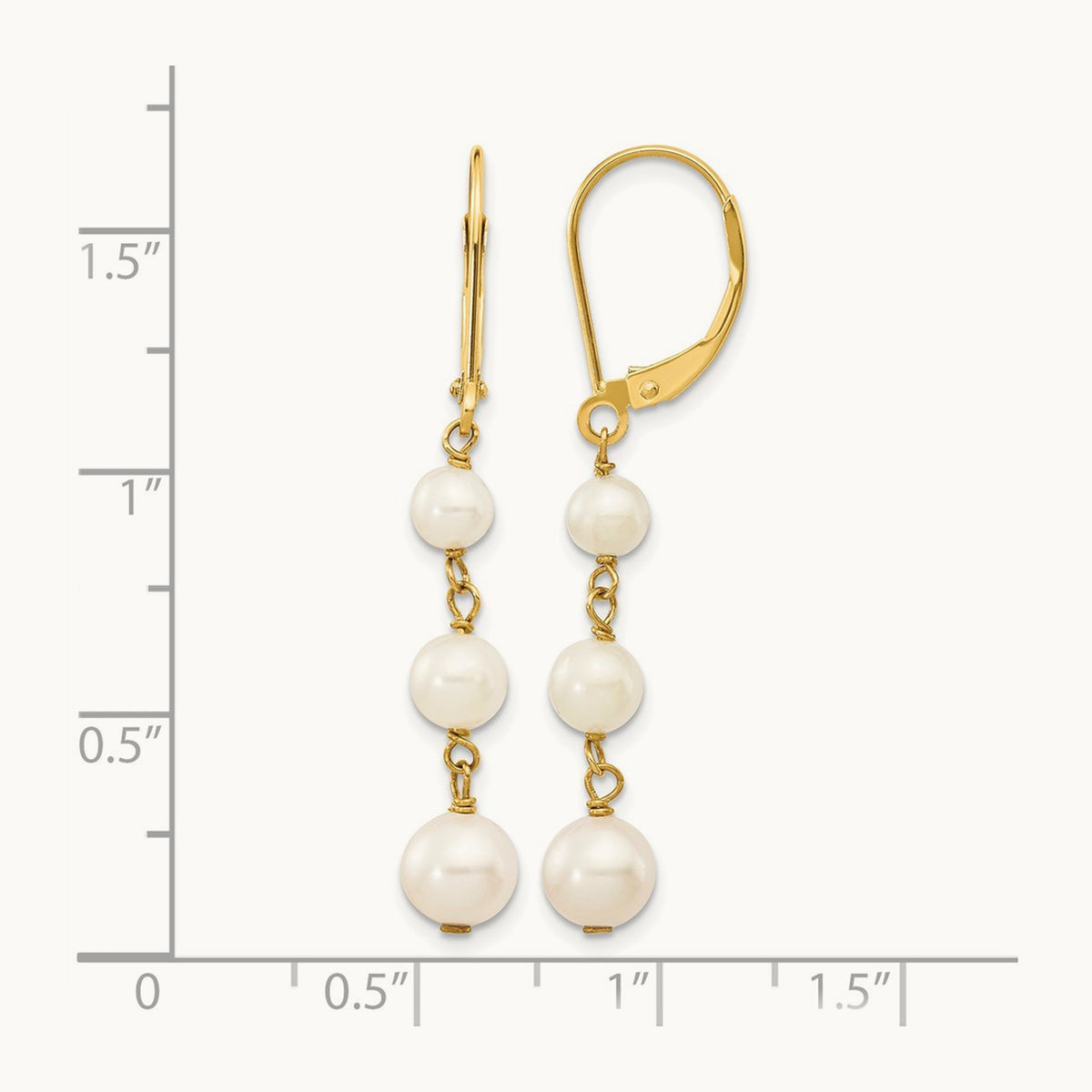 4- White Semi-round FW Cultured Pearl Graduated Leverback Earrings, 6mm, 14K