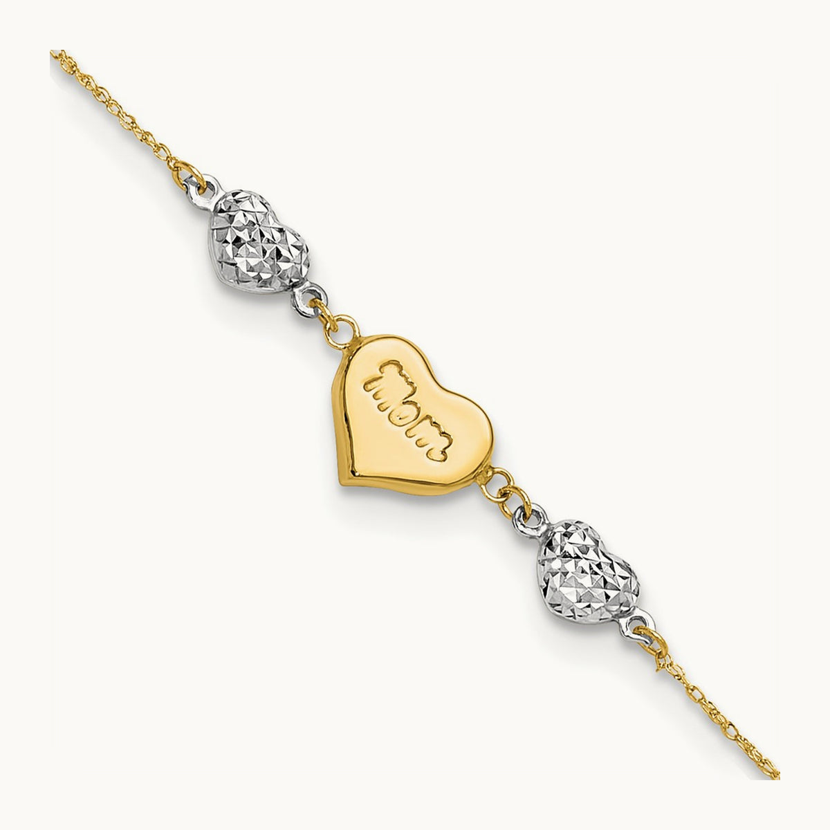 Puffed MOM Heart 7in w/ 1 In Ext Bracelet, 14K Two Tone