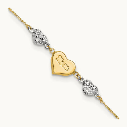Puffed MOM Heart 7in w/ 1 In Ext Bracelet, 14K Two Tone