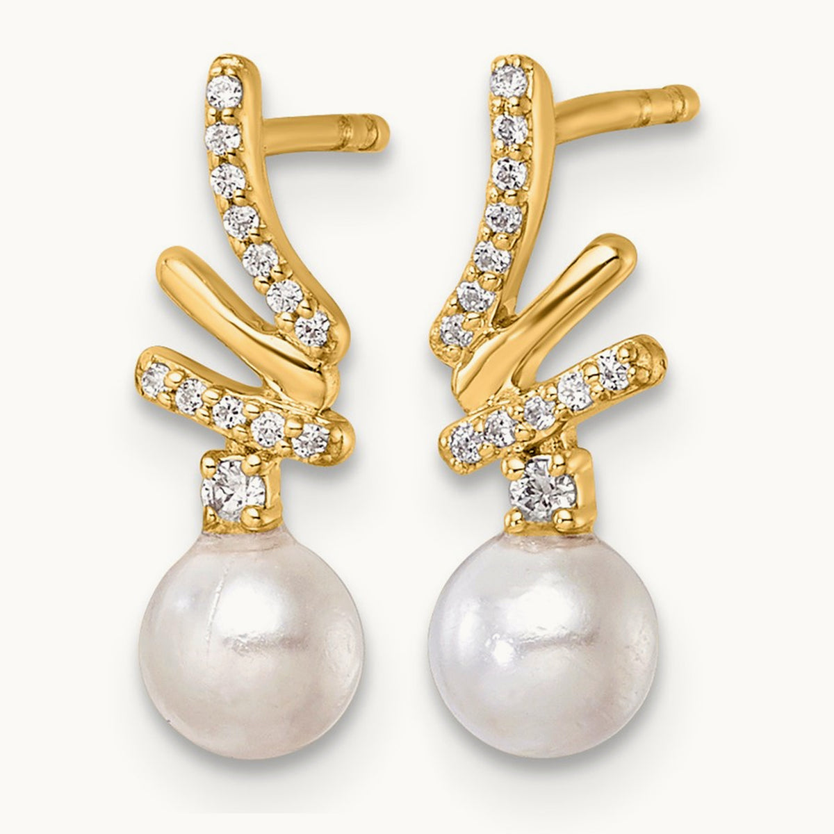 Polished Diamond and Pearl Drop Post Earrings — 14K Yellow Gold